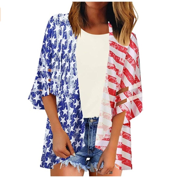 Open Front USA Flag 3/4 Sleeve Mesh Kimono - Picture 1 of 2